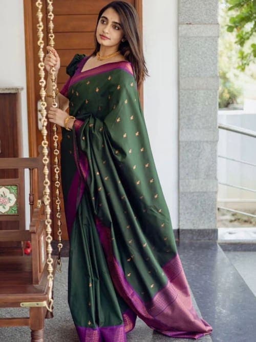 Green & Black Woven Design Saree with Zari Border