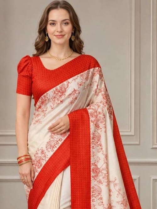 Off White Dola Silk Floral Print Saree with Woven Border