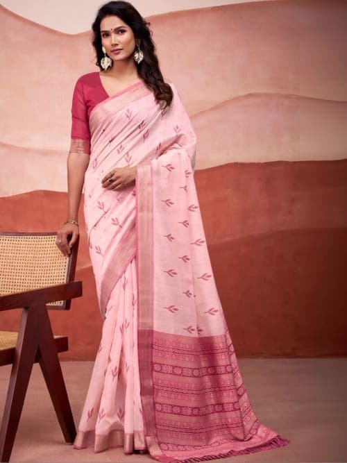Pink Bhagalpuri Floral Print Saree with Zari Woven Border