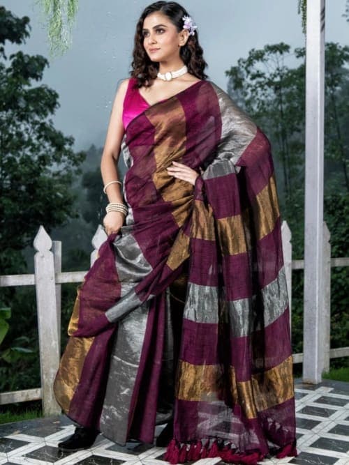 Purple Bhagalpuri Striped Saree with Woven Design Border