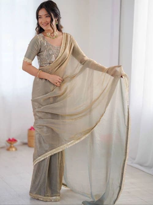Grey Chanderi Fendy Silk Embellished Saree with Embroidery