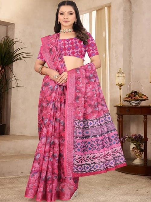 Pink & Peach Kanjeevaram Floral Print Saree with Woven Border