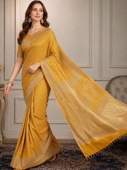 Yellow Banarasi Silk Woven Saree with Zari Border