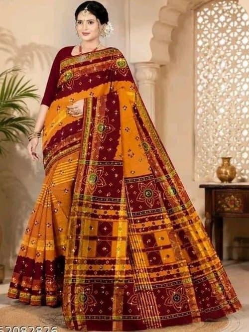 Multicoloured Bandhani Block Print Saree with Mirror Work