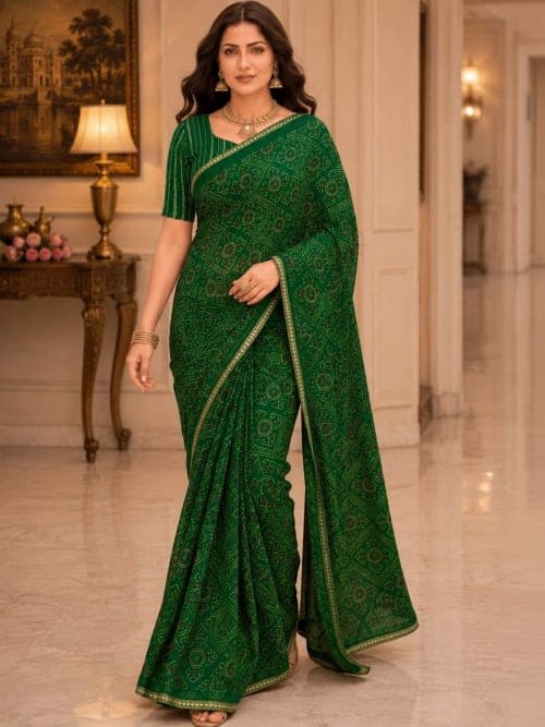 Green Bandhani Printed Saree with Woven Design Border
