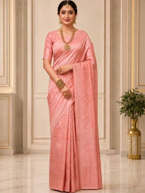Peach Woven Printed Saree with Zari Detail & Border