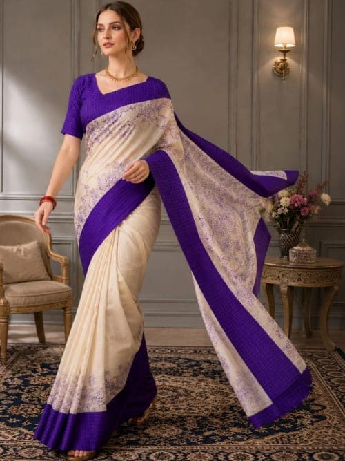 Blue & Cream Dola Silk Ethnic Motifs Saree with Printed Border