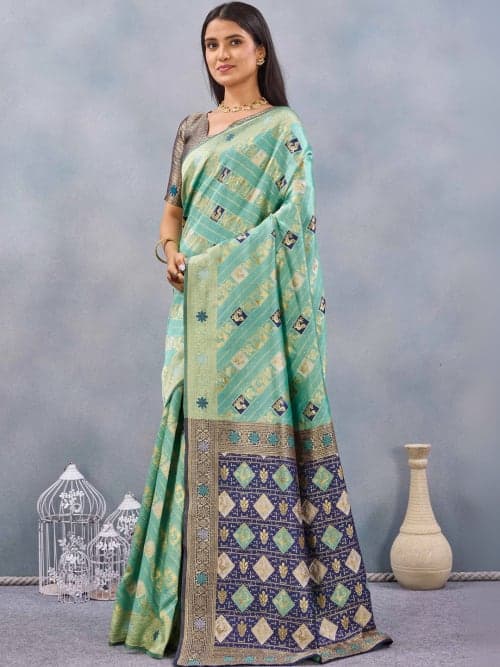 Teal & Navy Blue Patola Woven Saree with Zari Border