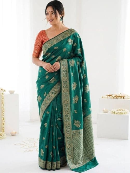 Teal Floral Woven Design Saree with Zari Border