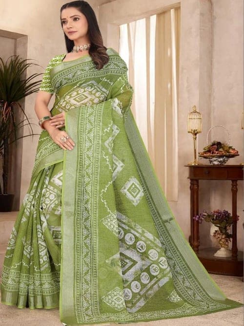 Lime Green & Mustard Kanjeevaram Printed Saree with Woven Border