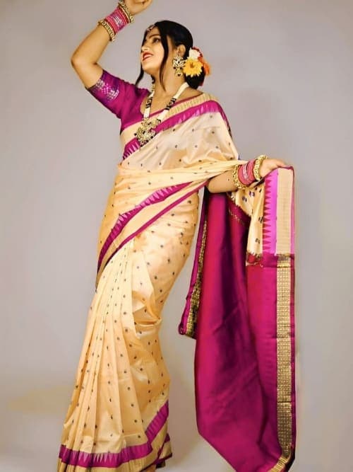Cream Sambalpuri Solid Saree with Zari Border & Embellishments