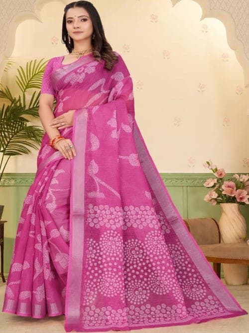 Magenta & Pink Kanjeevaram Floral Print Saree with Woven Border