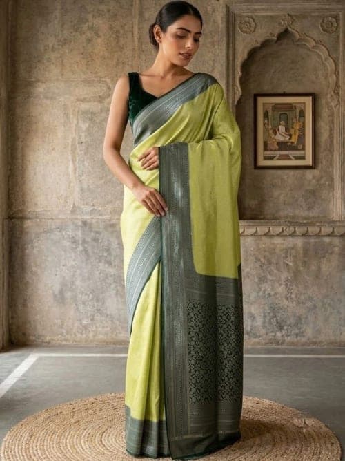Lime Green Banarasi Woven Design Saree with Zari Border