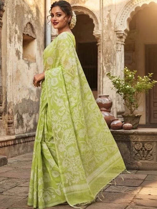 Lime Green Jamdani Floral Saree with Woven Design Border