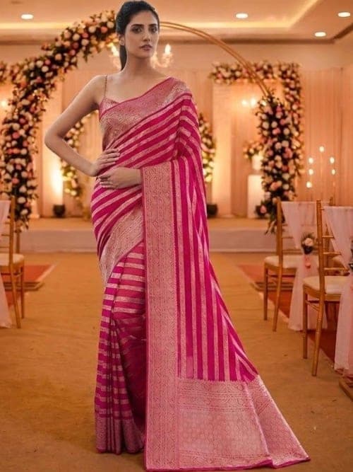 Pink Banarasi Striped Saree with Zari Border