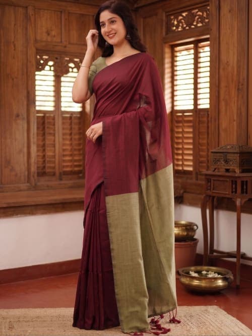 Maroon Banarasi Solid Woven Saree with Zari Border