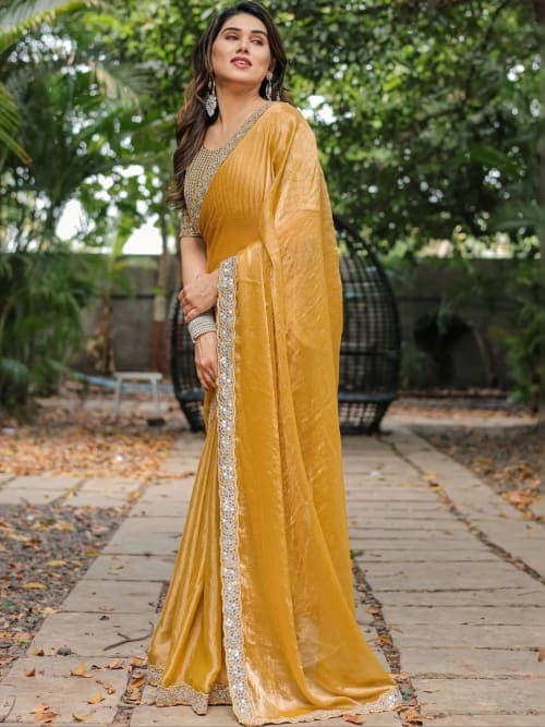 Mustard Solid Saree with Sequinned Embellished Border