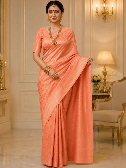 Peach Printed Saree with Zari Detailing & Woven Border