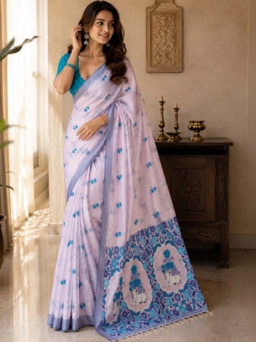 Lavender Floral Saree with Woven Design Border