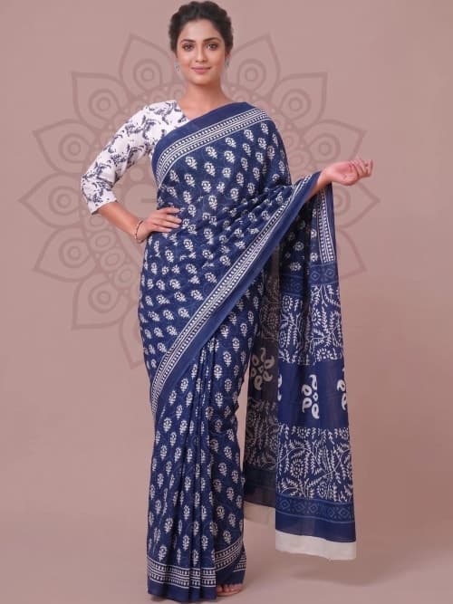 Blue & White Block Print Saree with Floral Print & Printed Border