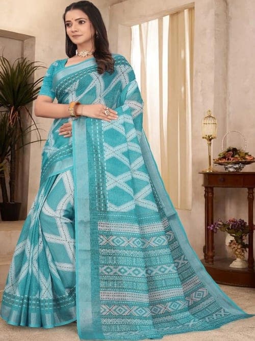 Turquoise Blue Kanjeevaram Woven Printed Saree with Woven Border