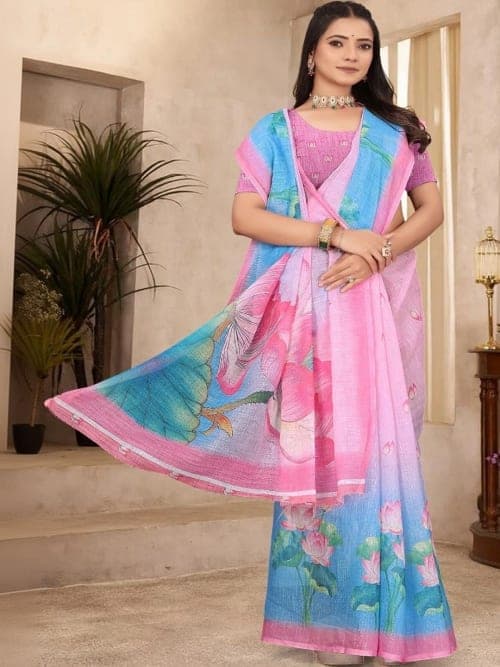 Pink Kanjeevaram Floral Print Saree with Woven Border