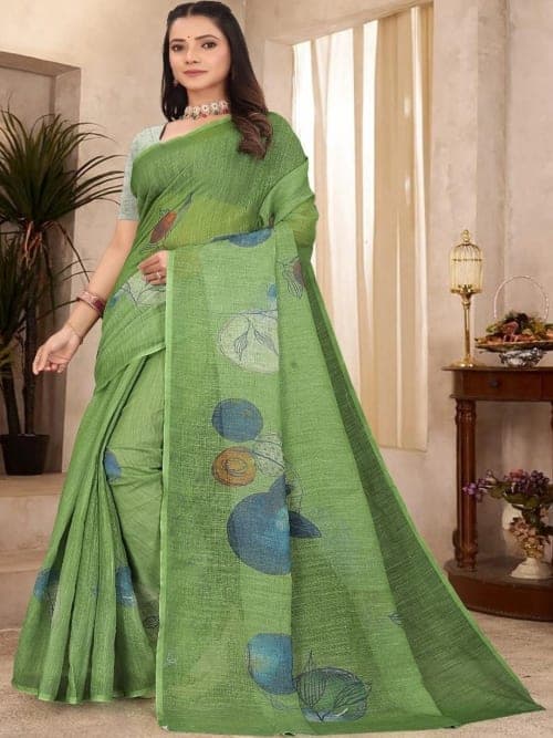 Green & Mustard Kanjeevaram Floral Print Saree with Woven Border