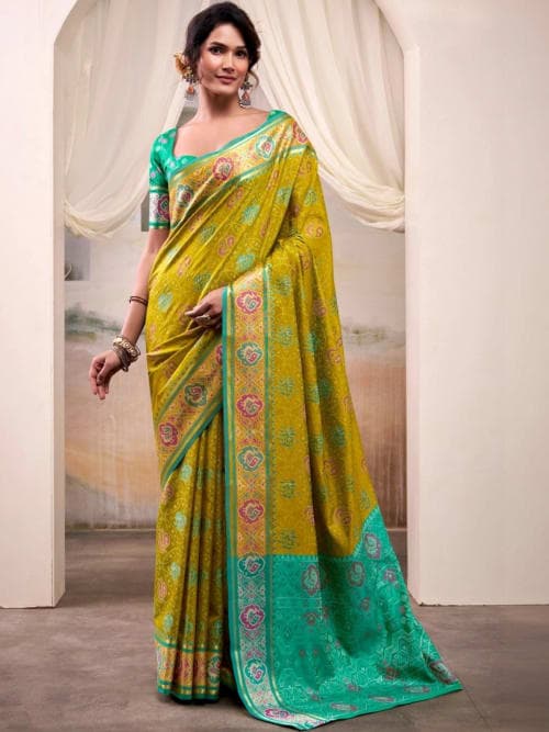 Mustard Patola Woven Saree with Embellishments & Zari Border