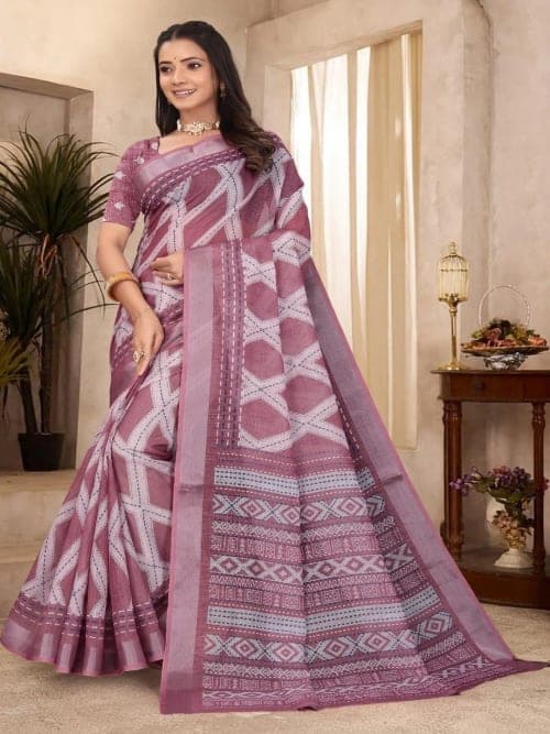 Pink & Peach Kanjeevaram Geometric Print Saree with Woven Border
