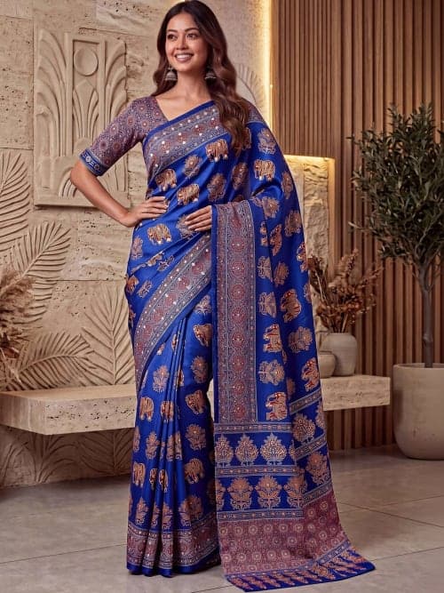 Blue Chanderi Crepe Silk Saree with Floral Embroidery & Mirror Work