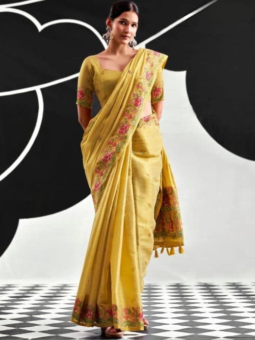 Yellow Banarasi Floral Print Saree with Embroidered Border