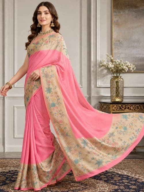 Pink Block Print Saree with Floral Patterns & Woven Border