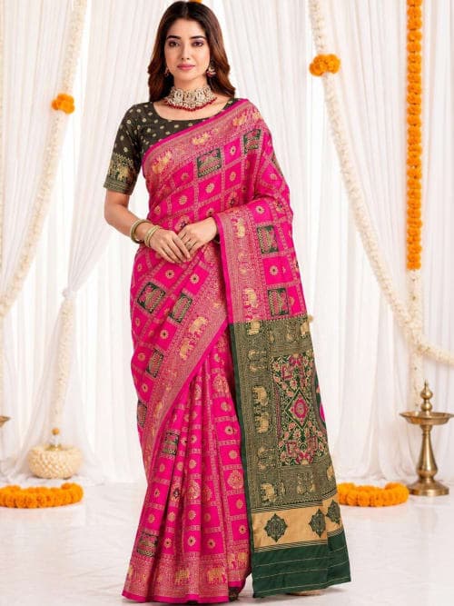 Pink Woven Saree with Ethnic Motifs & Zari Border