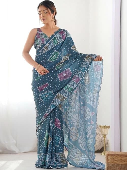 Teal Georgette Bandhani Print Saree with Mirror Work & Solid Border