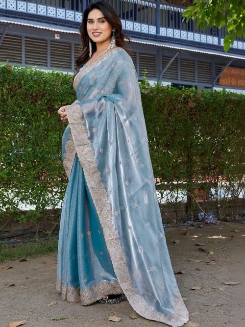 Blue Saree with Floral Embroidery & Embroidered Border
