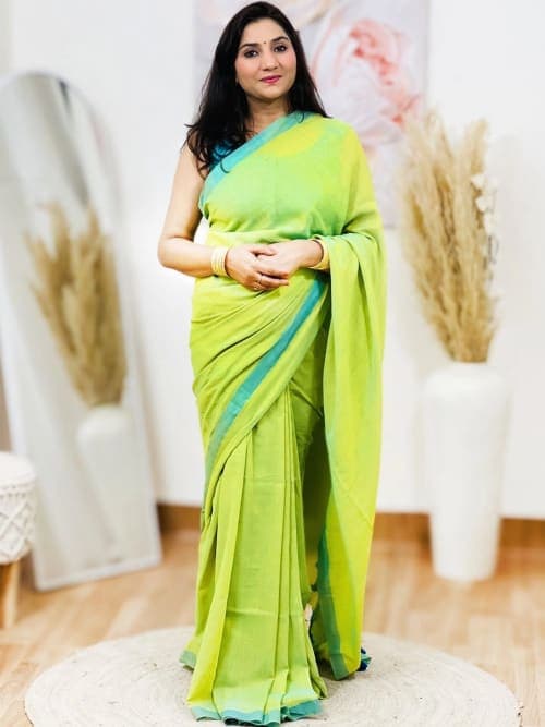 Lime Green Block Print Solid Saree with Woven Border