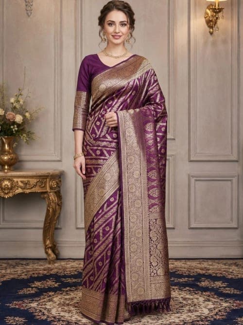 Purple Banarasi Woven Design Saree with Zari Border