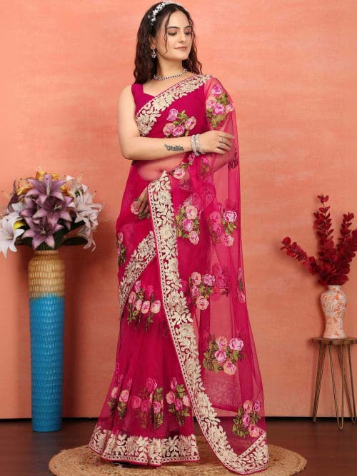 Pink Floral Embroidered Saree with Embroidered Border
