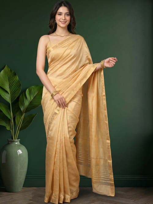 Beige Woven Design Striped saree with Zari Border