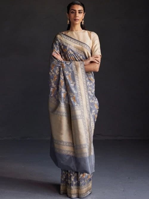 Grey Chanderi Woven Solid Saree with Zari Detail