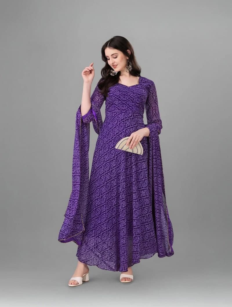 Purple Bandhani Printed Georgette Anarkali Pant Set