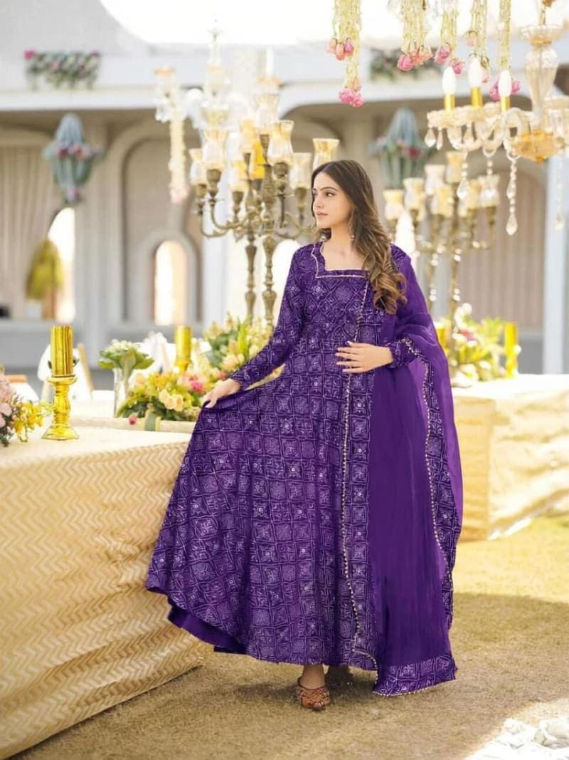 Fuschia Bandhani Printed Flared Anarkali Gown Dupatta Set