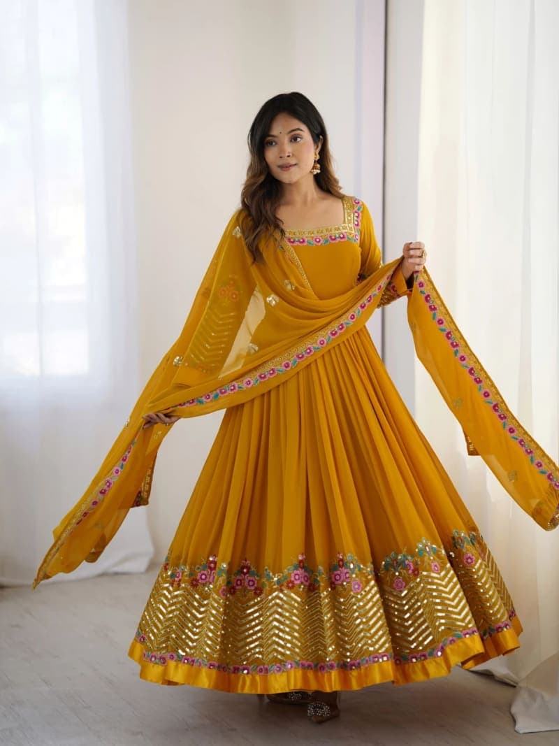 Yellow Sequinned Embroidered Georgette Anarkali Kurta Set
