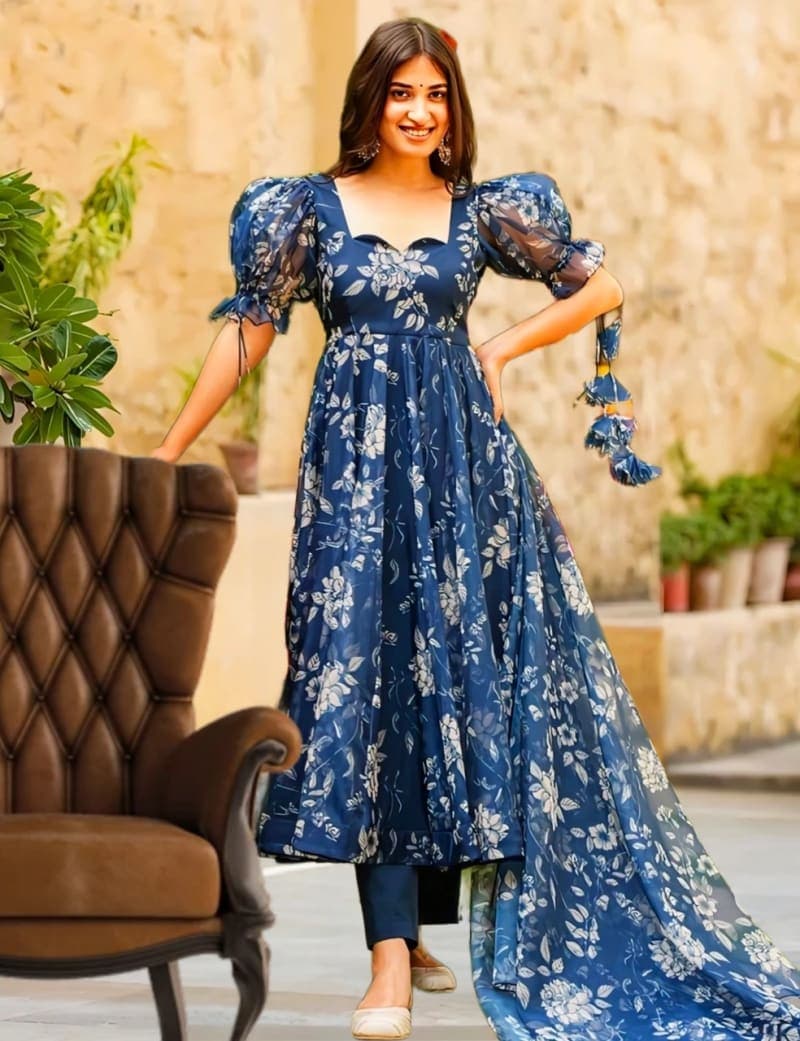 Navy Blue Floral Georgette Anarkali Gown Set