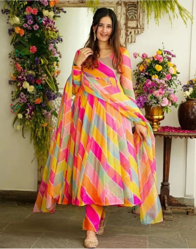 Multicolor Floral Bamboo Anarkali Gown Dupatta Set