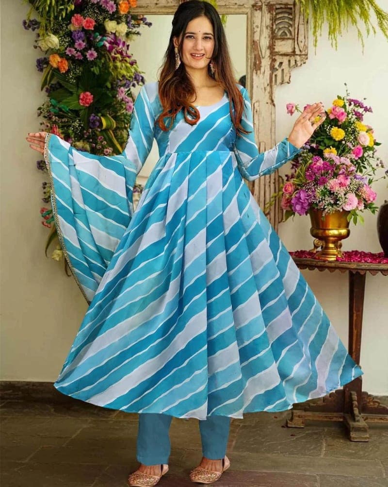 Blue Printed Long Gown and Aqua Bamboo Dupatta Set