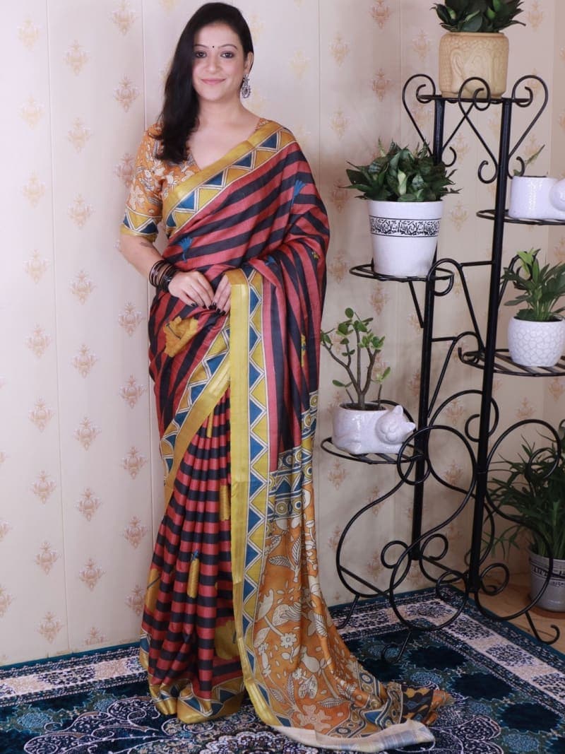 Multicoloured Ethnic motifs printed saree with woven design border