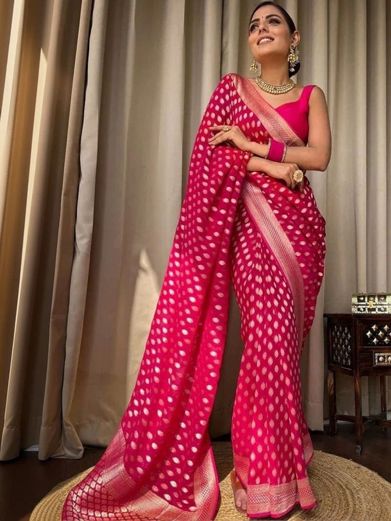 Pink Leheriya Woven Saree with Zari & Embellished Border