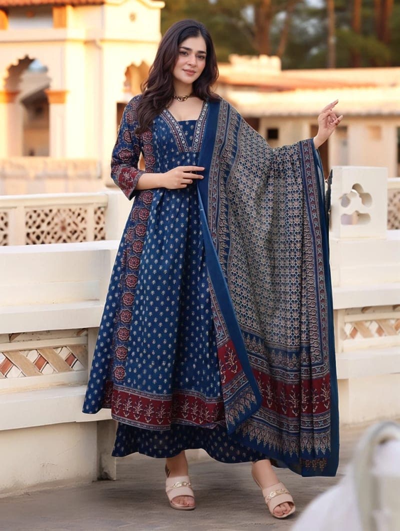 Blue Floral Printed Rayon A-line Kurti Palazzo Set