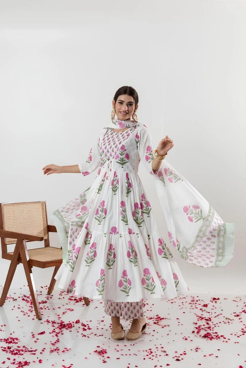 White and Pink Floral Cotton Anarkali Palazzo and Dupatta Set